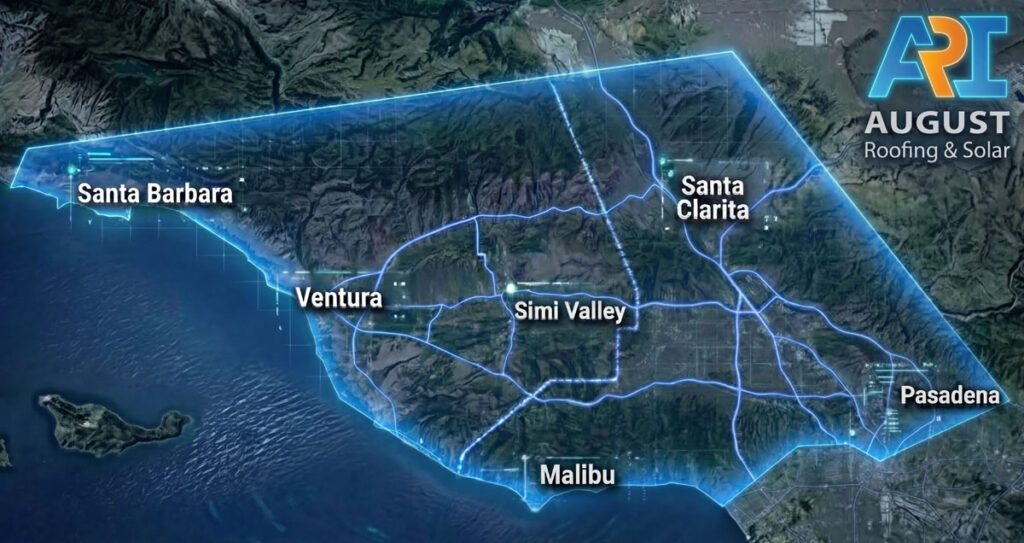 August Roofing & Solar service area map covering Southern California including Ventura, Santa Clarita, Malibu, and surrounding cities