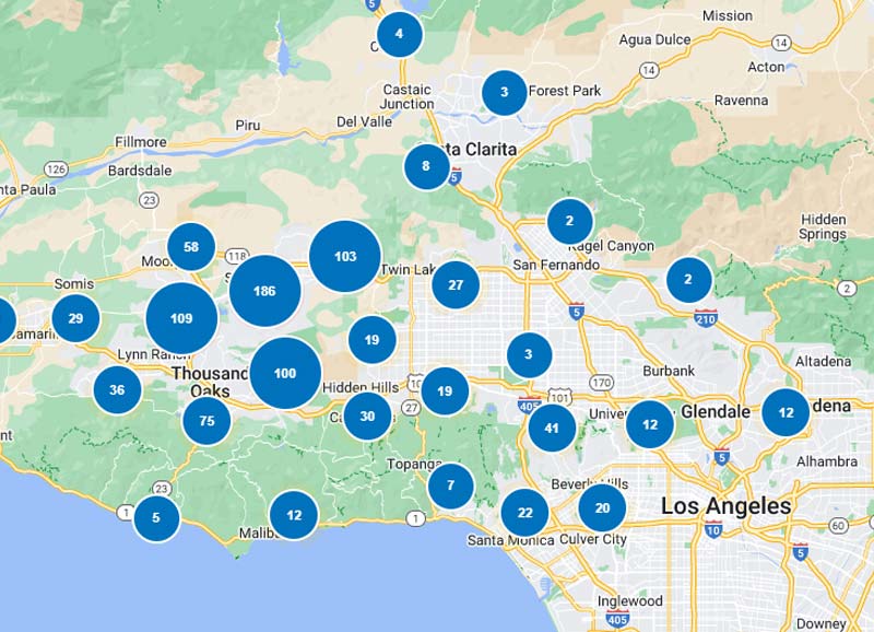 Map showing August Roofing and Solar service areas across Southern California