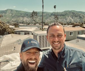 August Roofing & Solar team members on a Southern California rooftop during a professional roof inspection