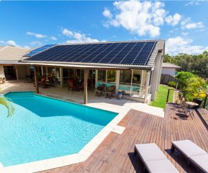 Luxury Southern California home with rooftop solar panel installation and energy-efficient roofing system